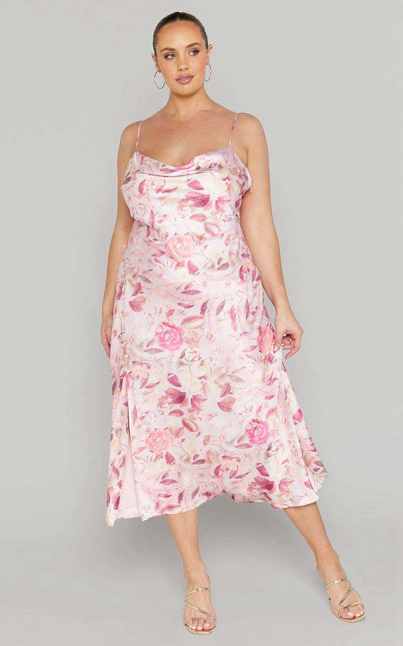 Showpo Ojai Midi Dress - Cowl Neck Split Dress Soft Floral | WPZBMU704