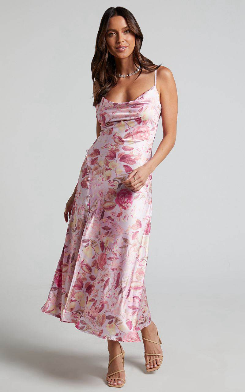 Showpo Ojai Midi Dress - Cowl Neck Split Dress Soft Floral | WPZBMU704