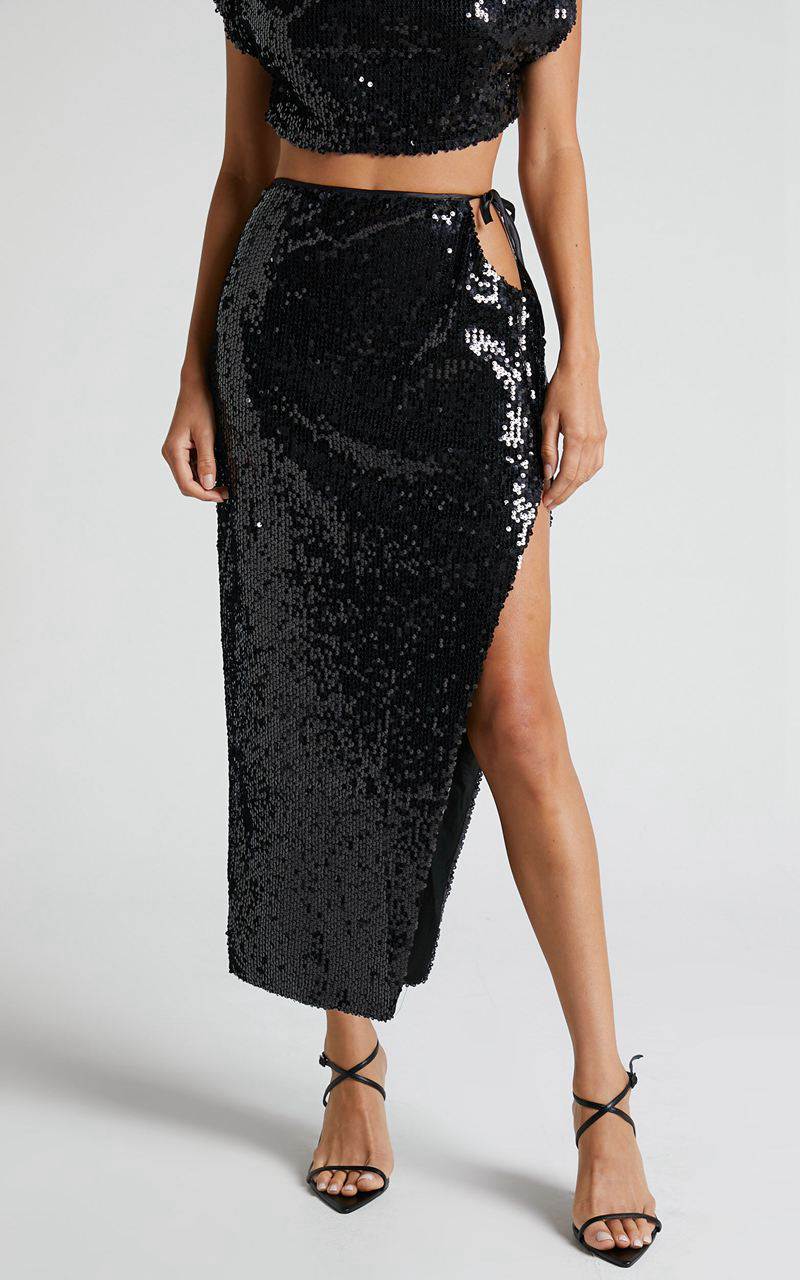 Showpo Olivera Midi Skirt - Thigh Split Waist Cut Out Sequin Skirt Black | ONJWBU275