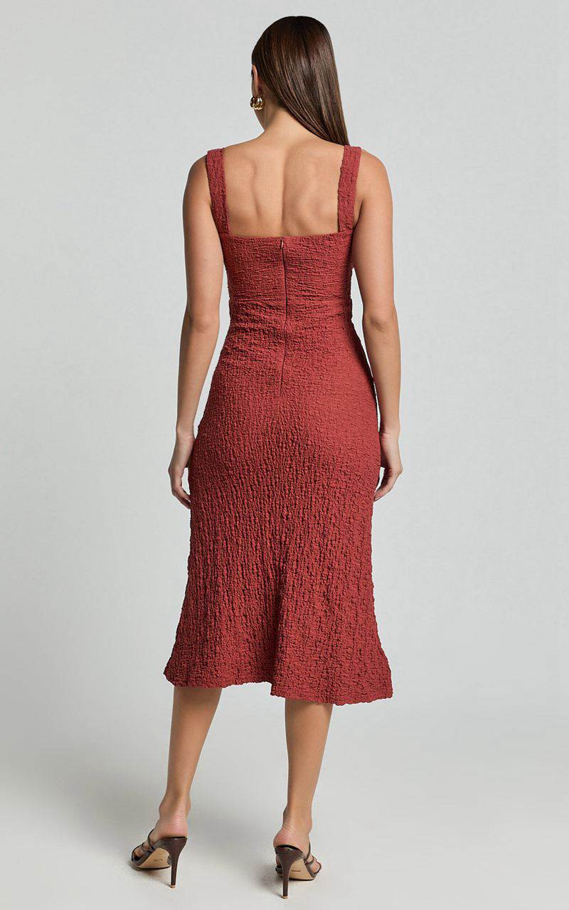 Showpo Olsen Midi Dress - Textured Wide Strap Tie Front Dress Burnt Rust | EHTXYR246