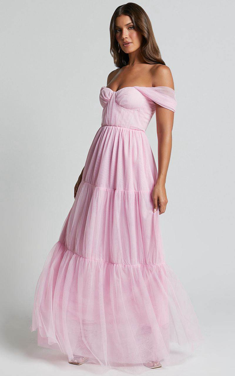 Showpo Ontario Maxi Dress - Off Shoulder Corset Bodice Tulle Dress Ballet Pink | JLGZHM367