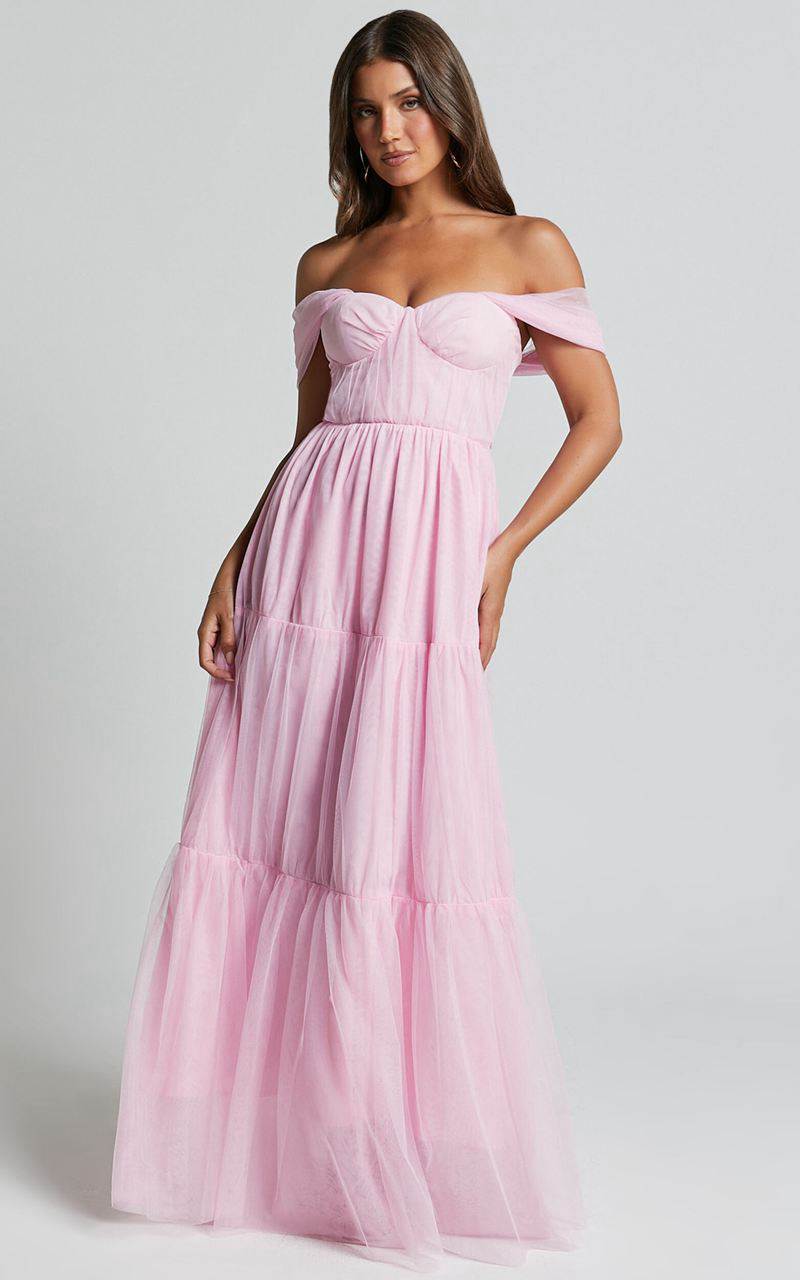 Showpo Ontario Maxi Dress - Off Shoulder Corset Bodice Tulle Dress Ballet Pink | JLGZHM367