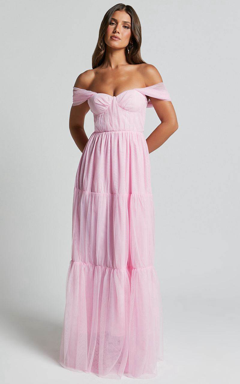 Showpo Ontario Maxi Dress - Off Shoulder Corset Bodice Tulle Dress Ballet Pink | JLGZHM367