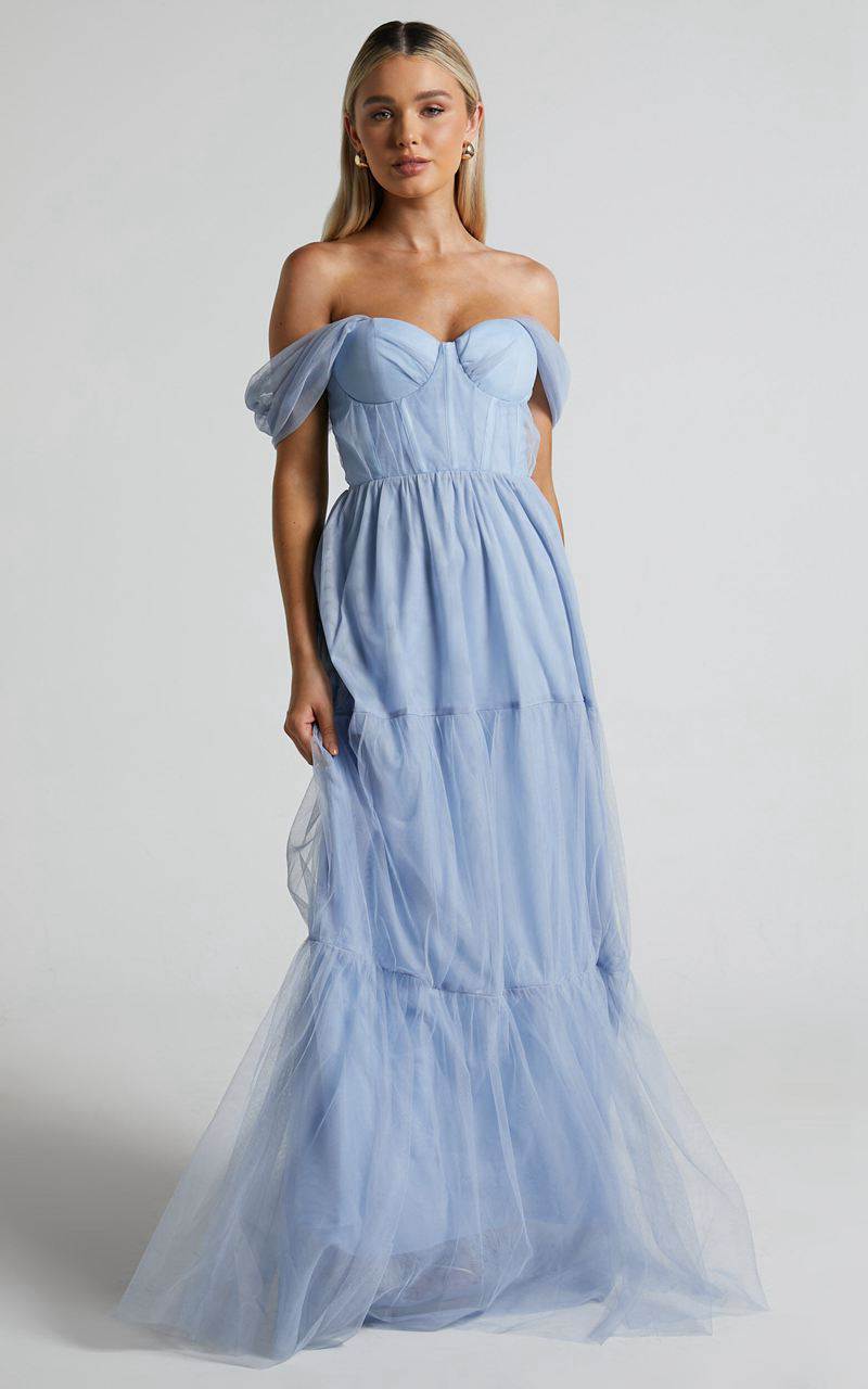 Showpo Ontario Maxi Dress - Off Shoulder Corset Bodice Tulle Dress Light Blue | NVCMHX061