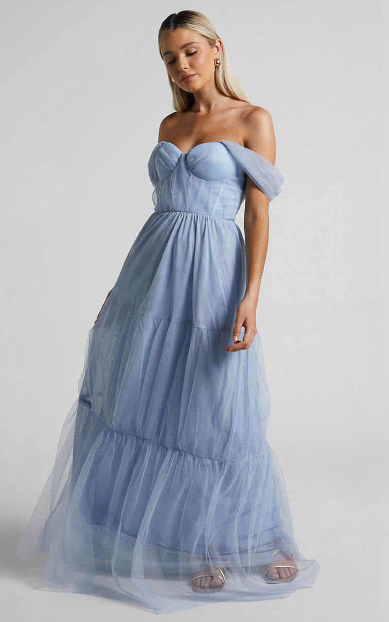 Showpo Ontario Maxi Dress - Off Shoulder Corset Bodice Tulle Dress Light Blue | NVCMHX061