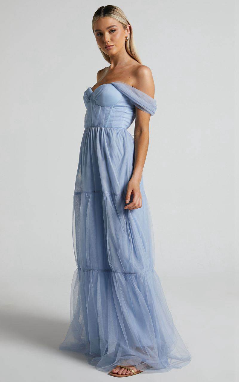 Showpo Ontario Maxi Dress - Off Shoulder Corset Bodice Tulle Dress Light Blue | NVCMHX061