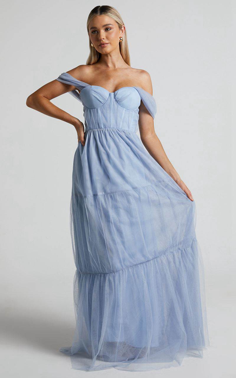 Showpo Ontario Maxi Dress - Off Shoulder Corset Bodice Tulle Dress Light Blue | NVCMHX061