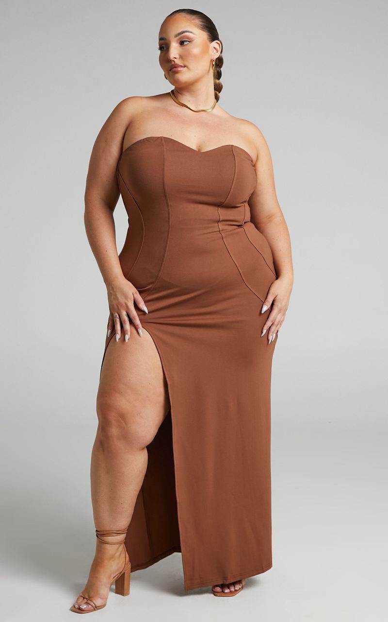 Showpo Oriella Midi Dress - Panelled Thigh Split Strapless Dress Chocolate | RISUNM594