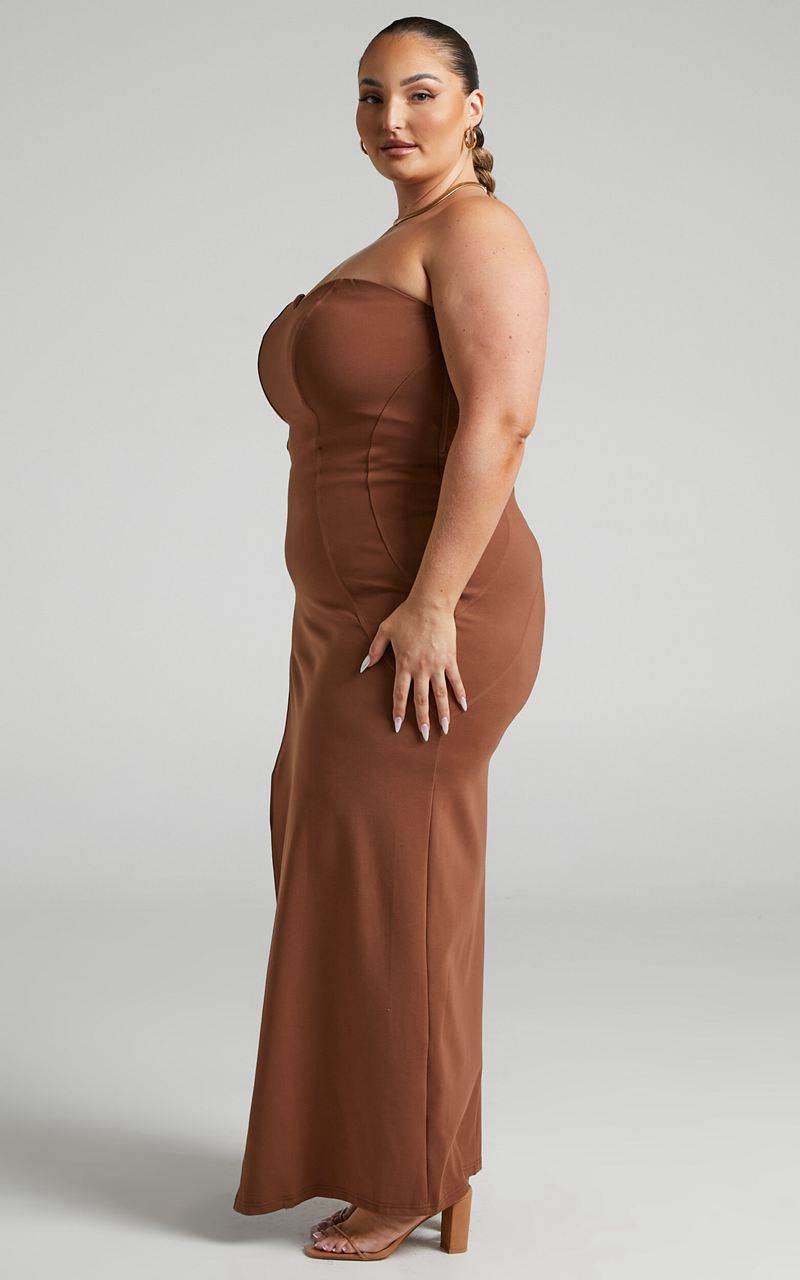 Showpo Oriella Midi Dress - Panelled Thigh Split Strapless Dress Chocolate | RISUNM594