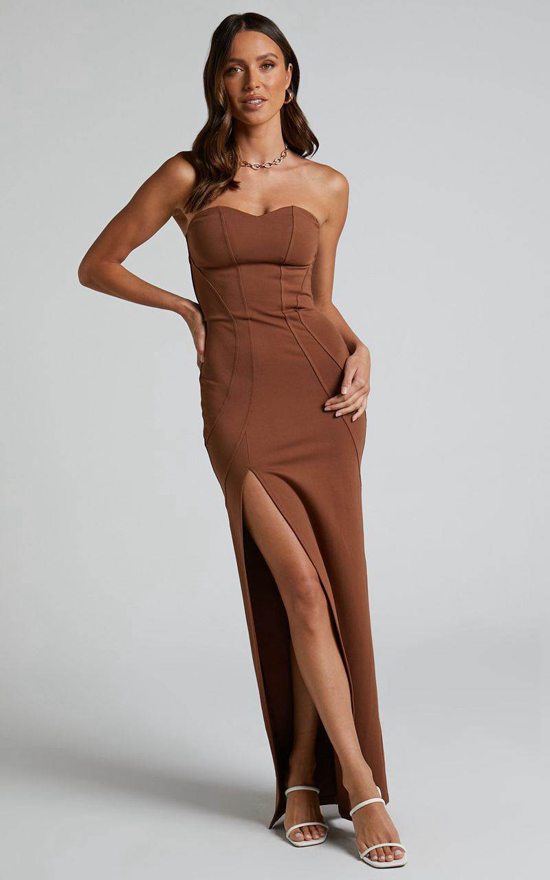 Showpo Oriella Midi Dress - Panelled Thigh Split Strapless Dress Chocolate | RISUNM594