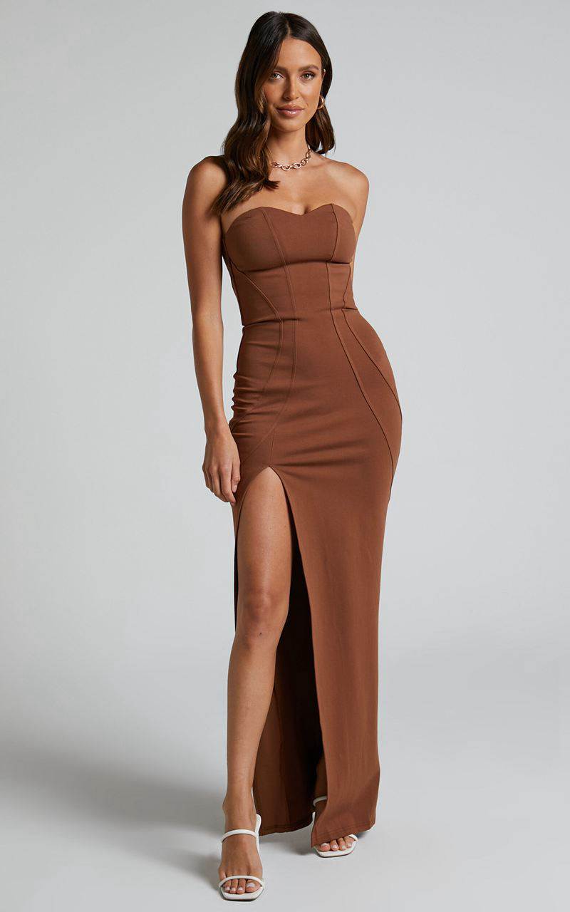 Showpo Oriella Midi Dress - Panelled Thigh Split Strapless Dress Chocolate | RISUNM594