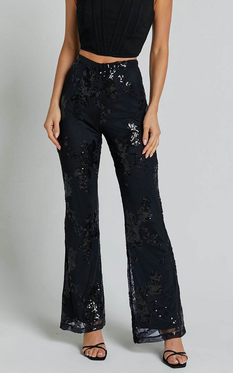 Showpo Ortiz Pants - High Waist Straight Leg Sequin Pants Black Floral | NTMZQV284