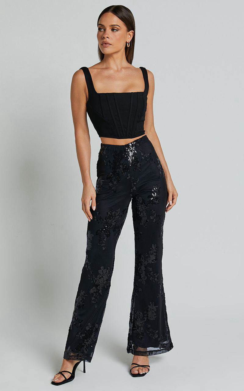 Showpo Ortiz Pants - High Waist Straight Leg Sequin Pants Black Floral | NTMZQV284