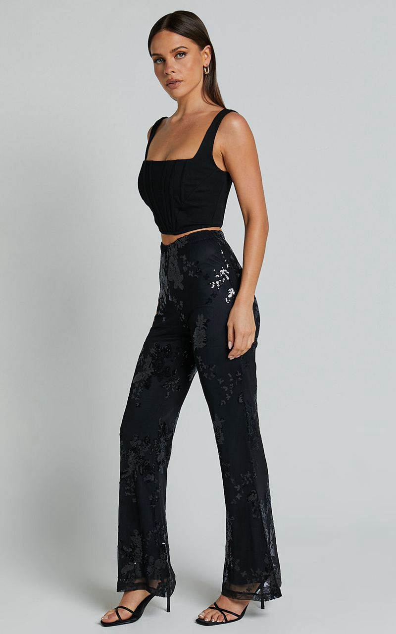 Showpo Ortiz Pants - High Waist Straight Leg Sequin Pants Black Floral | NTMZQV284