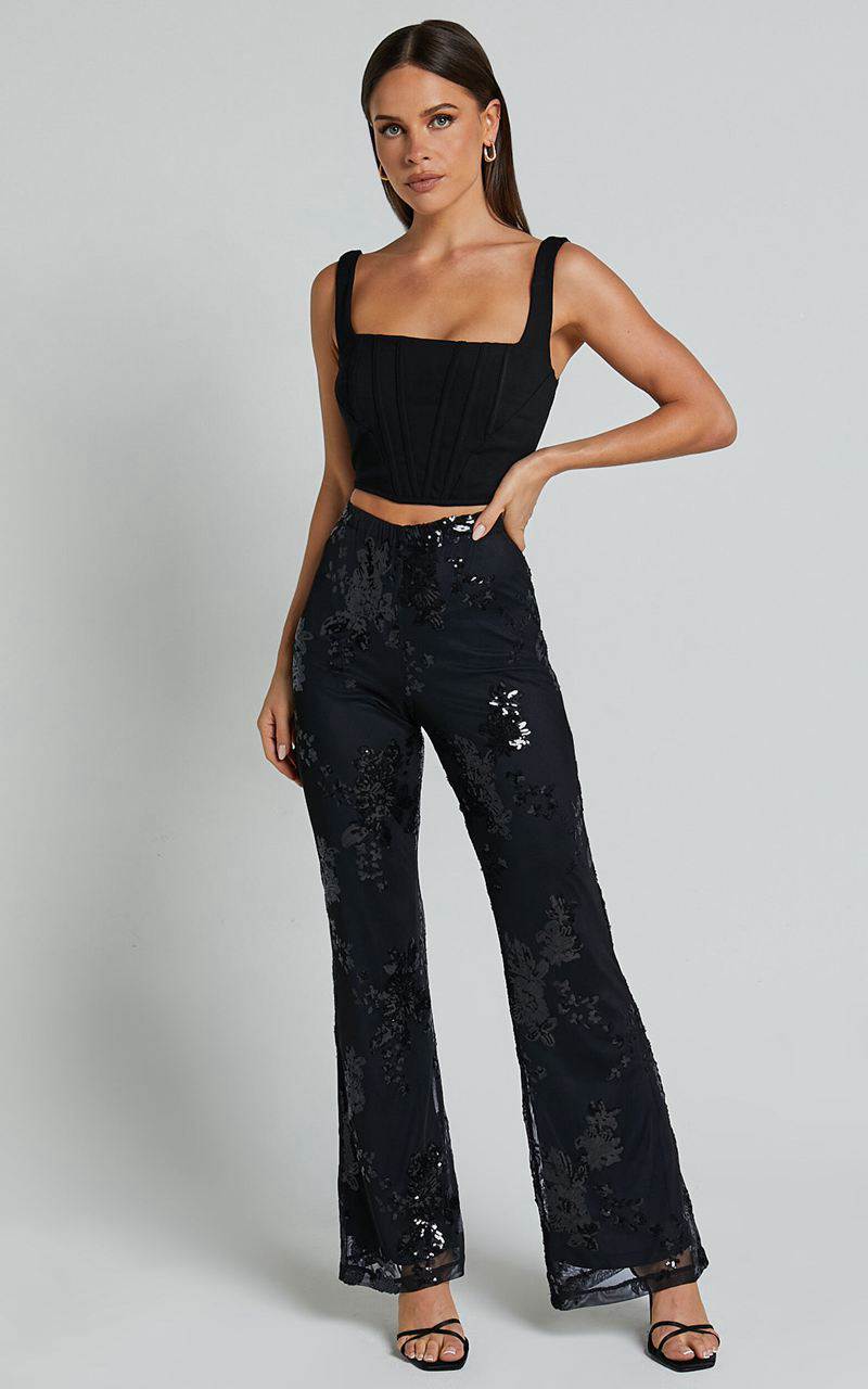 Showpo Ortiz Pants - High Waist Straight Leg Sequin Pants Black Floral | NTMZQV284