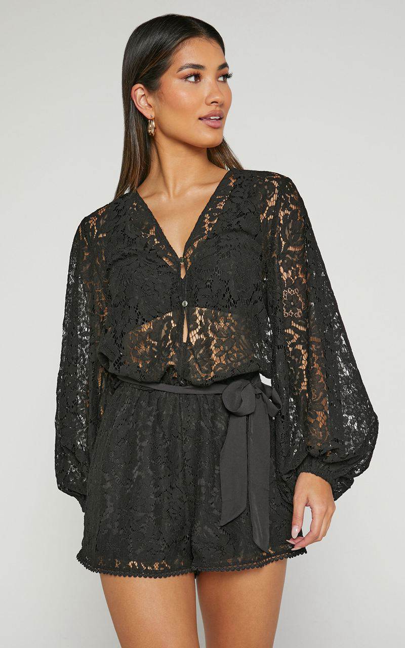 Showpo Oscar Playsuit - Lace Long Sleeve V Neck Black | VTYHBR837