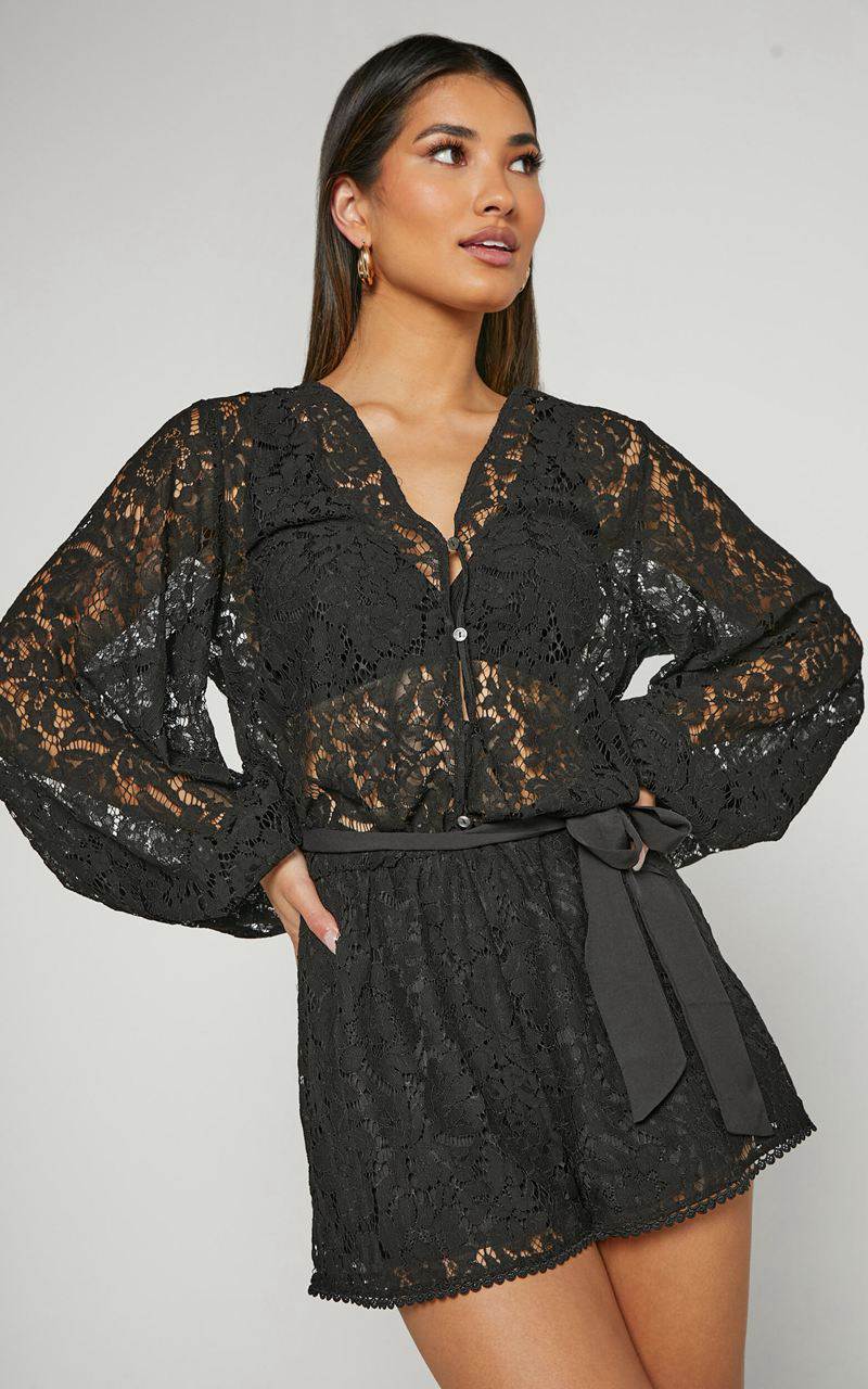 Showpo Oscar Playsuit - Lace Long Sleeve V Neck Black | VTYHBR837