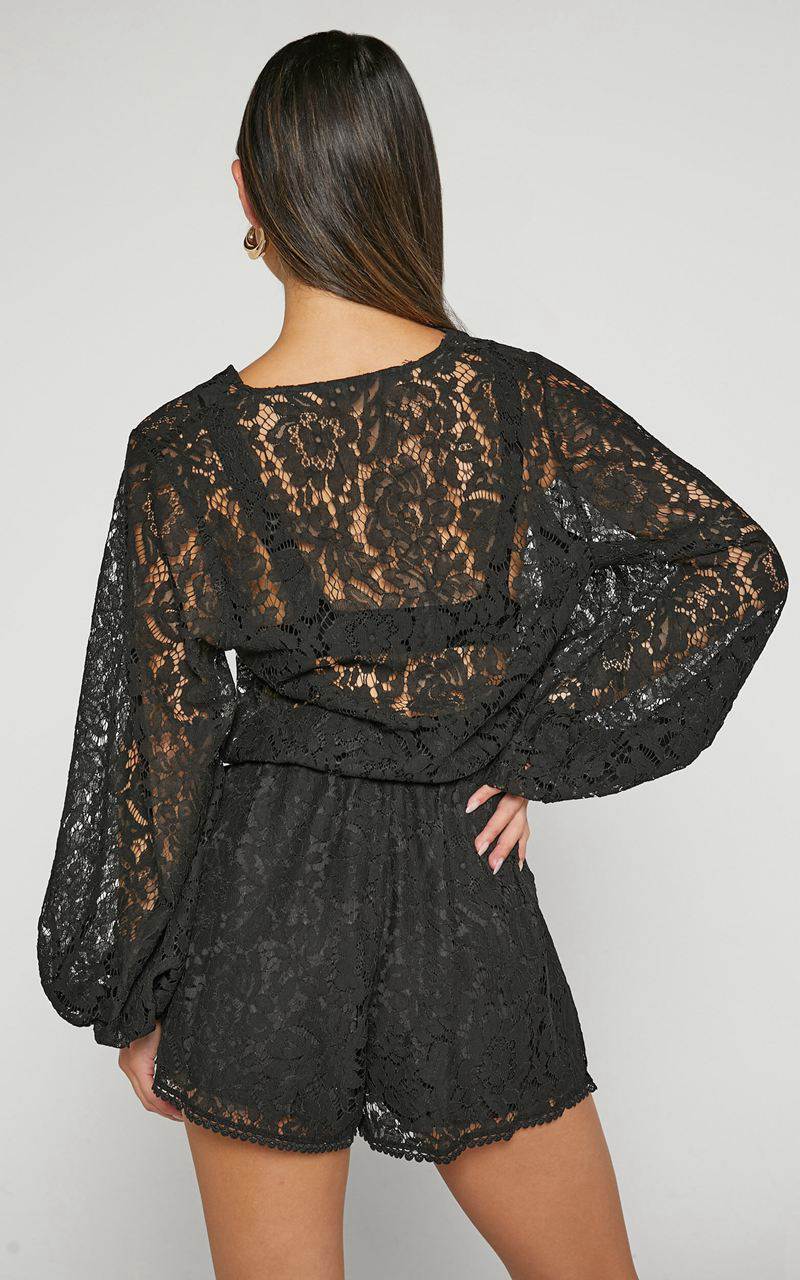 Showpo Oscar Playsuit - Lace Long Sleeve V Neck Black | VTYHBR837