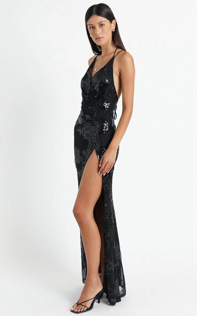 Showpo Out Till Dawn Maxi Dress - Thigh Split Dress Black Sequin | QGKWDP381