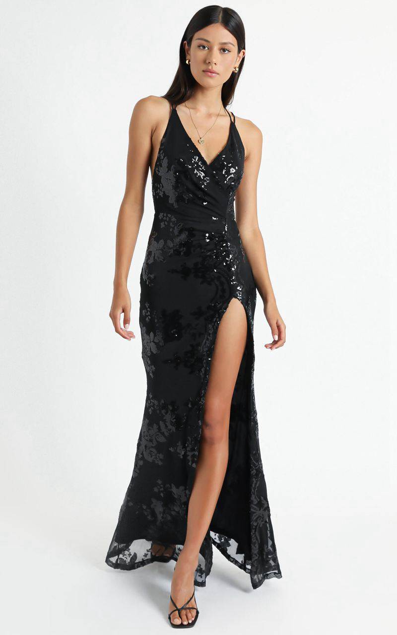 Showpo Out Till Dawn Maxi Dress - Thigh Split Dress Black Sequin | QGKWDP381