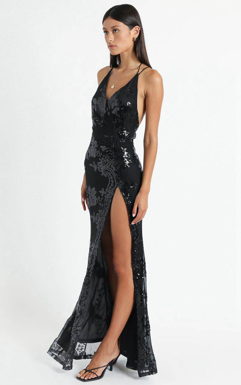 Showpo Out Till Dawn Maxi Dress - Thigh Split Dress Black Sequin | QGKWDP381