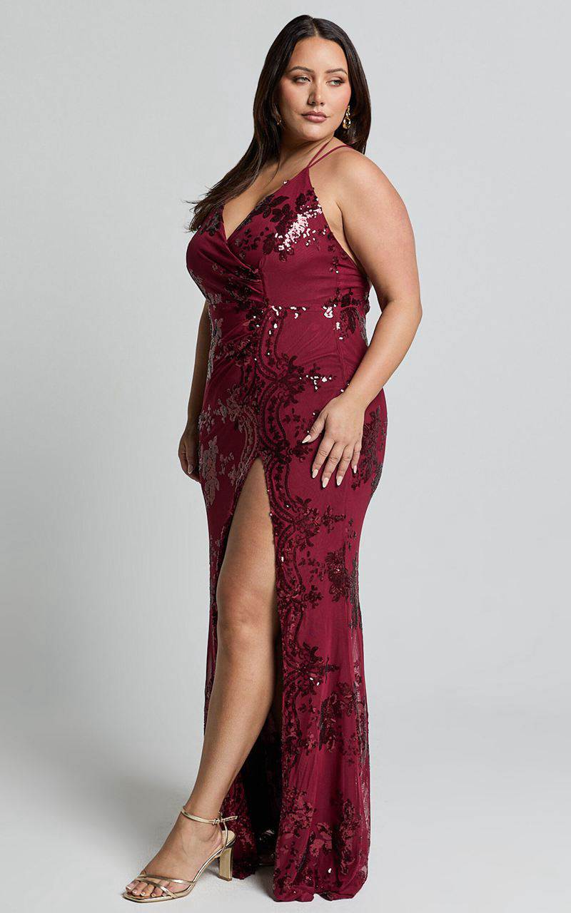 Showpo Out Till Dawn Maxi Dress - Thigh Split Dress Wine Sequin | ZTBGSH375