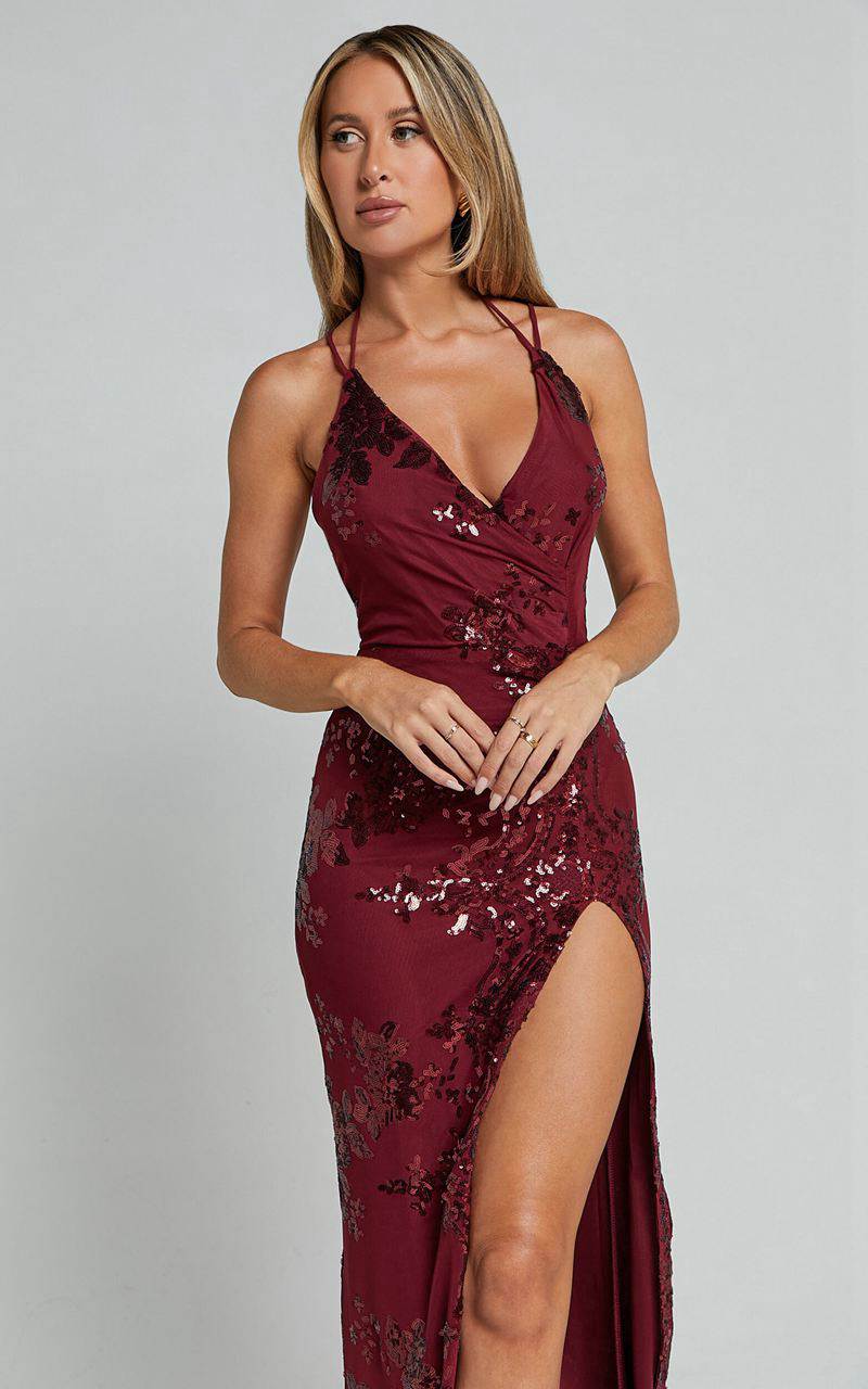 Showpo Out Till Dawn Maxi Dress - Thigh Split Dress Wine Sequin | ZTBGSH375