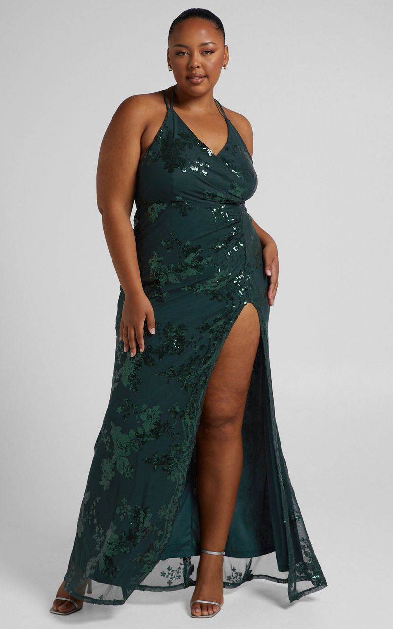 Showpo Out Till Dawn Maxi Dress - Thigh Split Dress Emerald Sequin | LDVMXC526