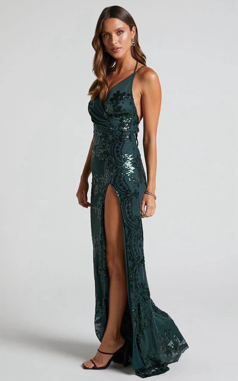 Showpo Out Till Dawn Maxi Dress - Thigh Split Dress Emerald Sequin | LDVMXC526