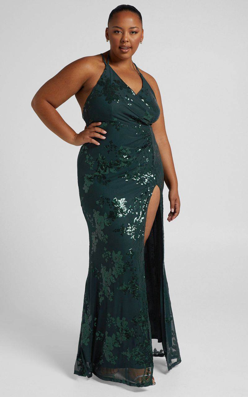 Showpo Out Till Dawn Maxi Dress - Thigh Split Dress Emerald Sequin | LDVMXC526