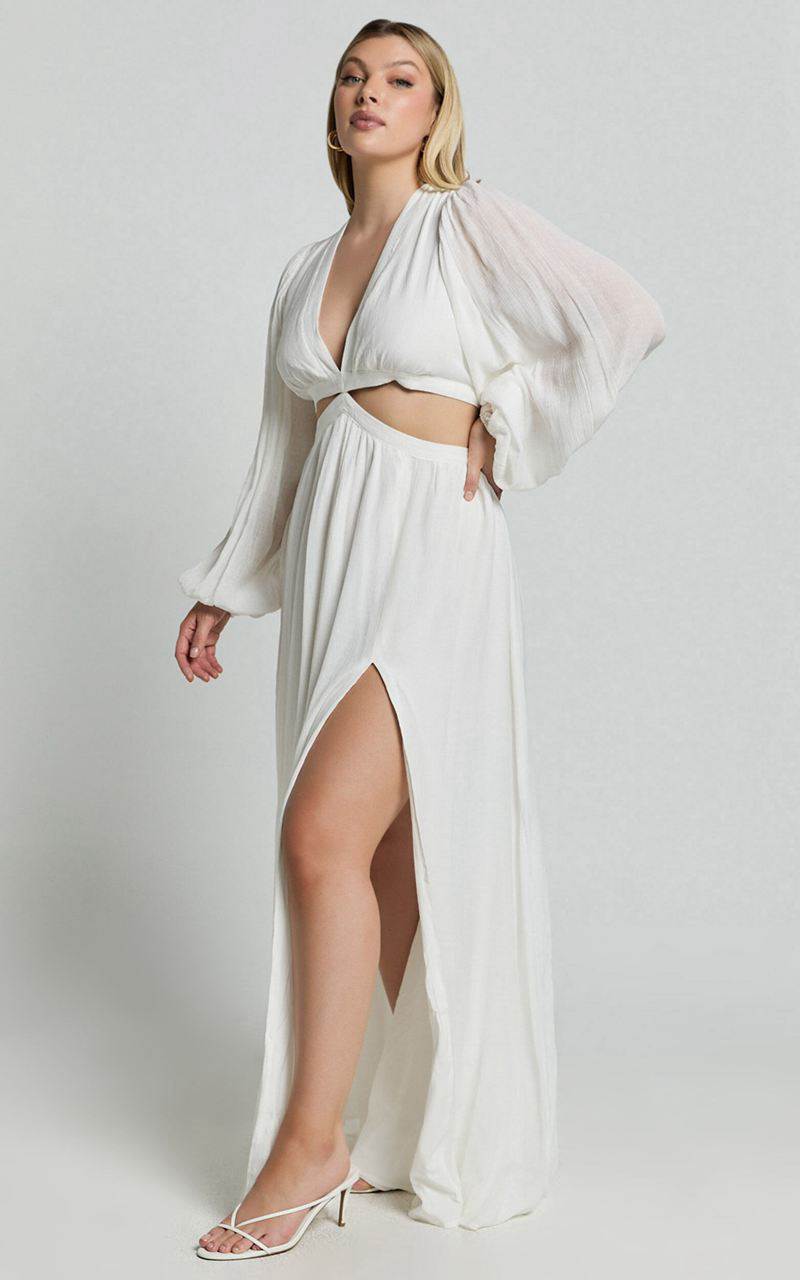 Showpo Paige Maxi Dress - Side Cut Out Balloon Sleeve Dress White | JDZVUC709