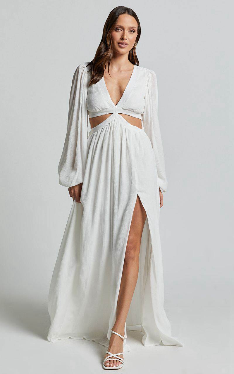 Showpo Paige Maxi Dress - Side Cut Out Balloon Sleeve Dress White | JDZVUC709