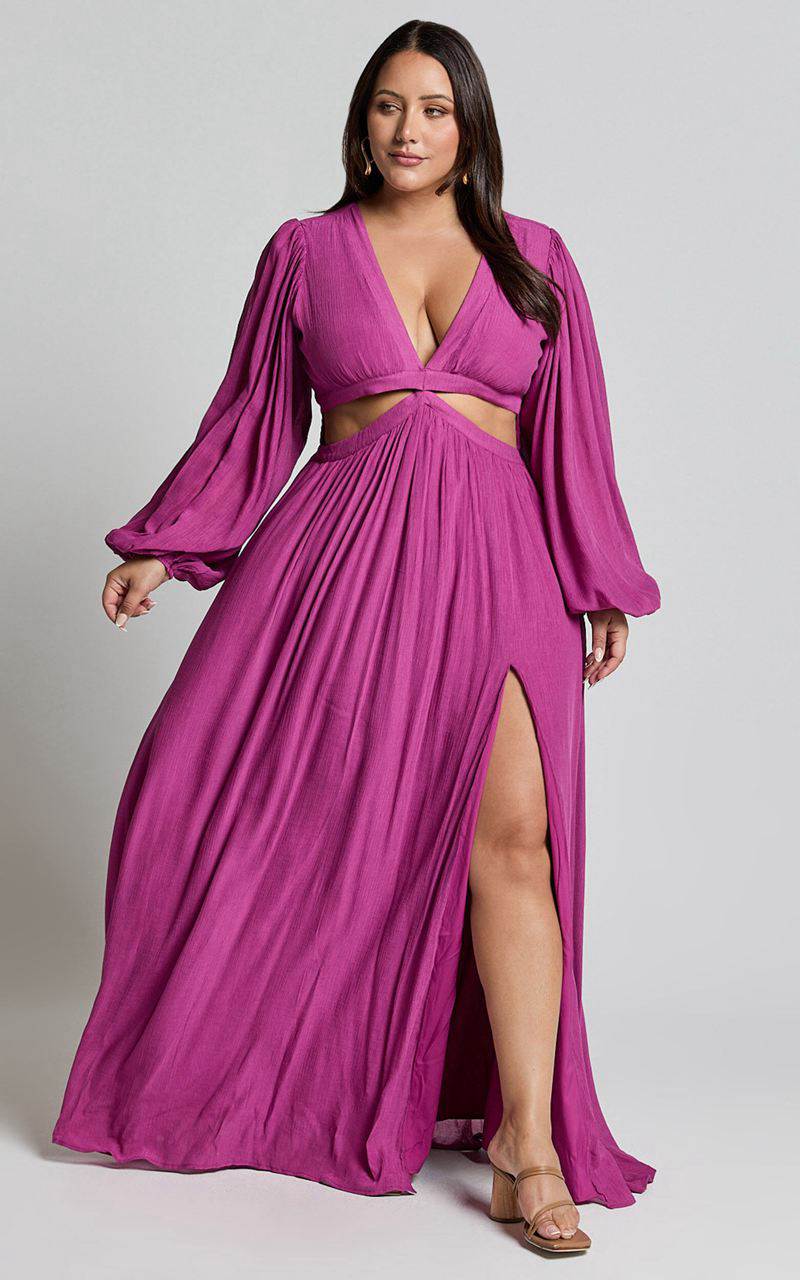 Showpo Paige Maxi Dress - Side Cut Out Balloon Sleeve Dress Orchid | FWEUZY051