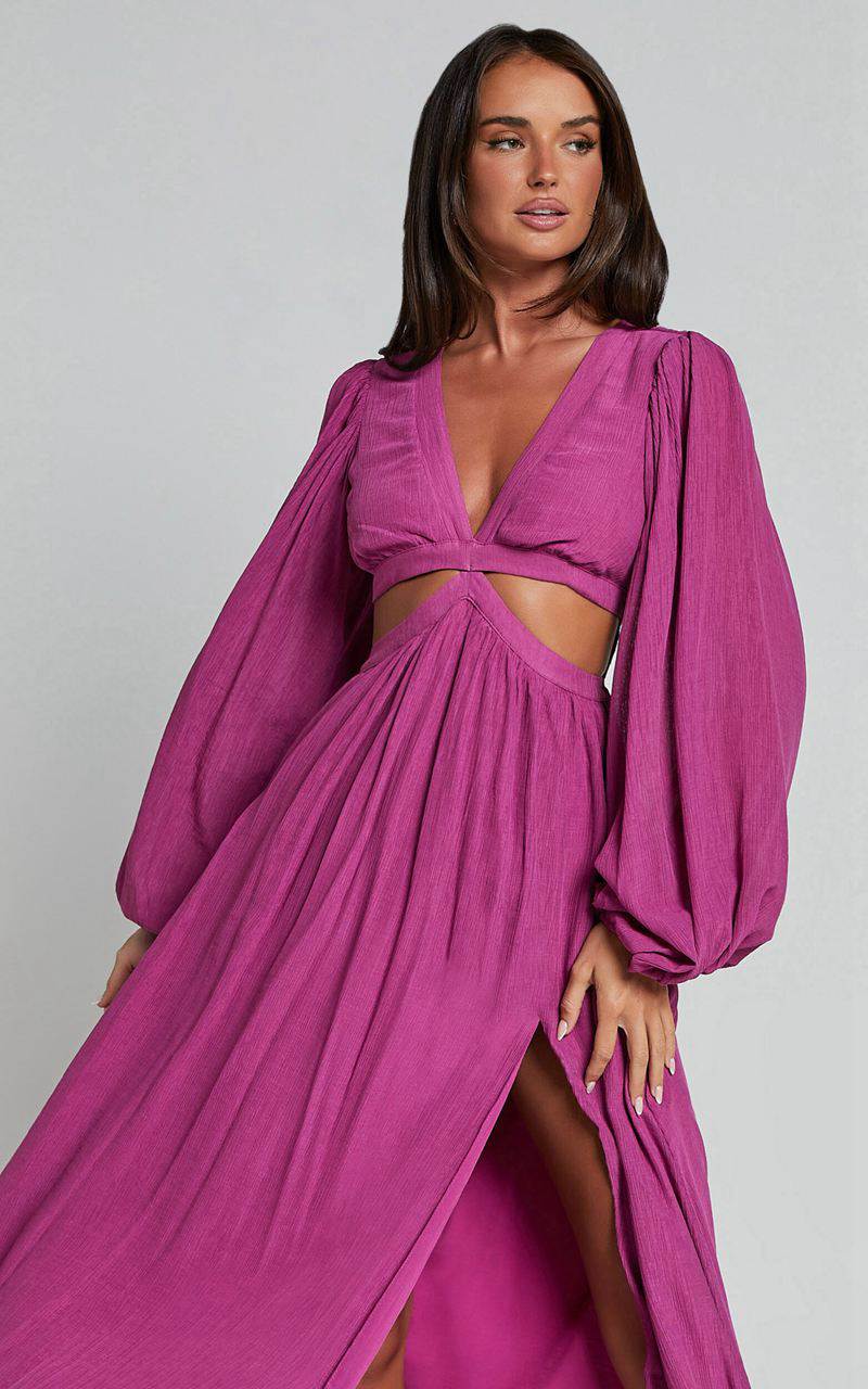 Showpo Paige Maxi Dress - Side Cut Out Balloon Sleeve Dress Orchid | FWEUZY051