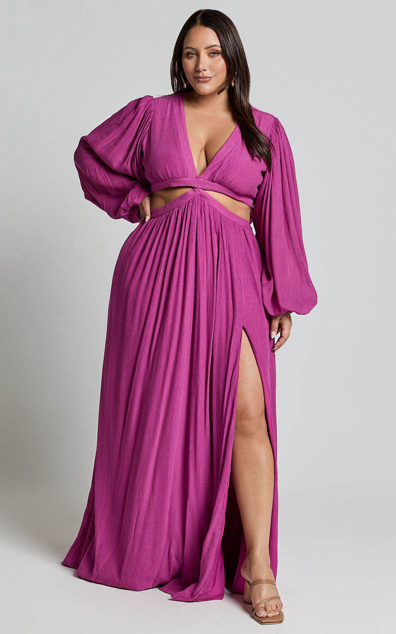 Showpo Paige Maxi Dress - Side Cut Out Balloon Sleeve Dress Orchid | FWEUZY051