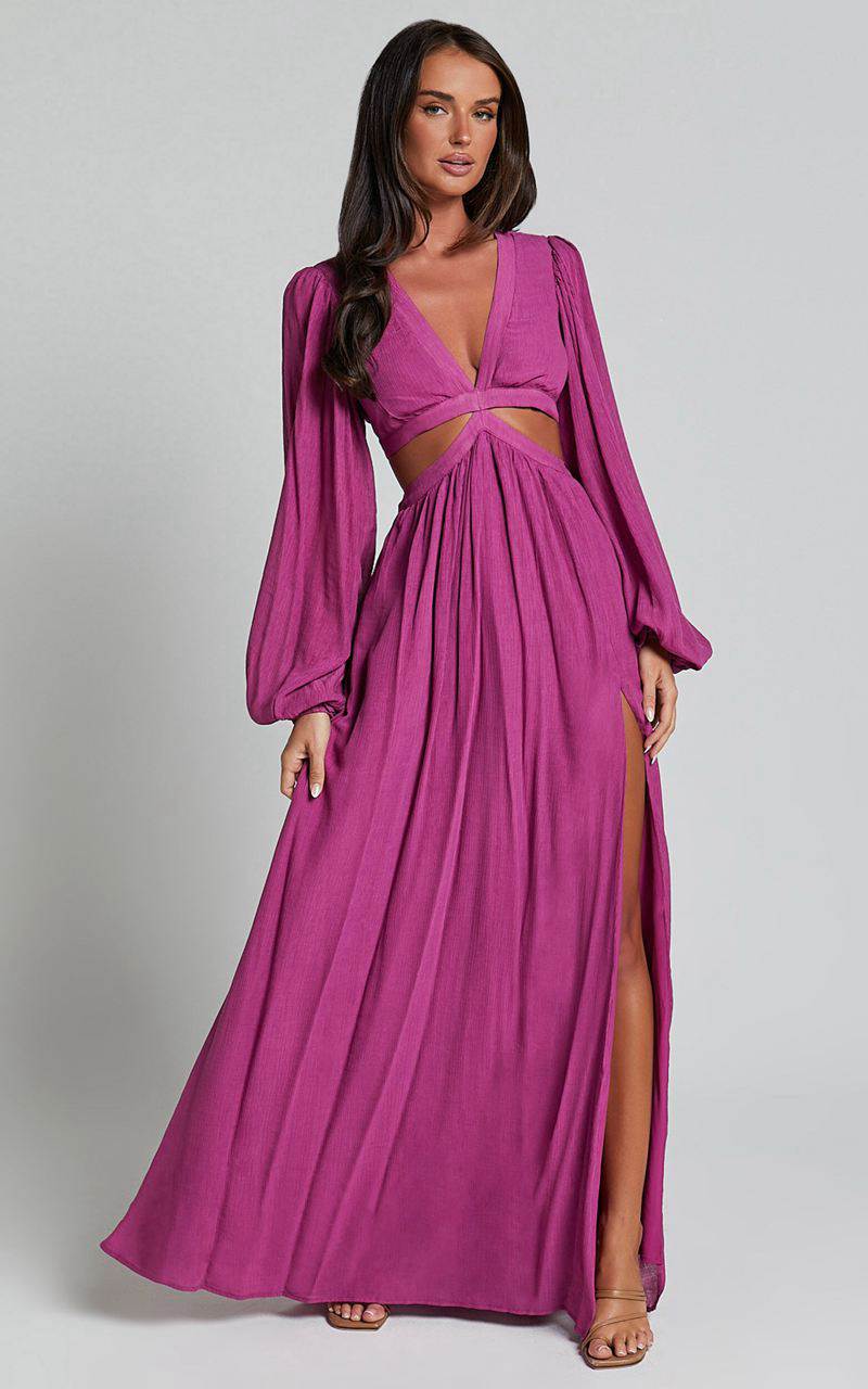 Showpo Paige Maxi Dress - Side Cut Out Balloon Sleeve Dress Orchid | FWEUZY051