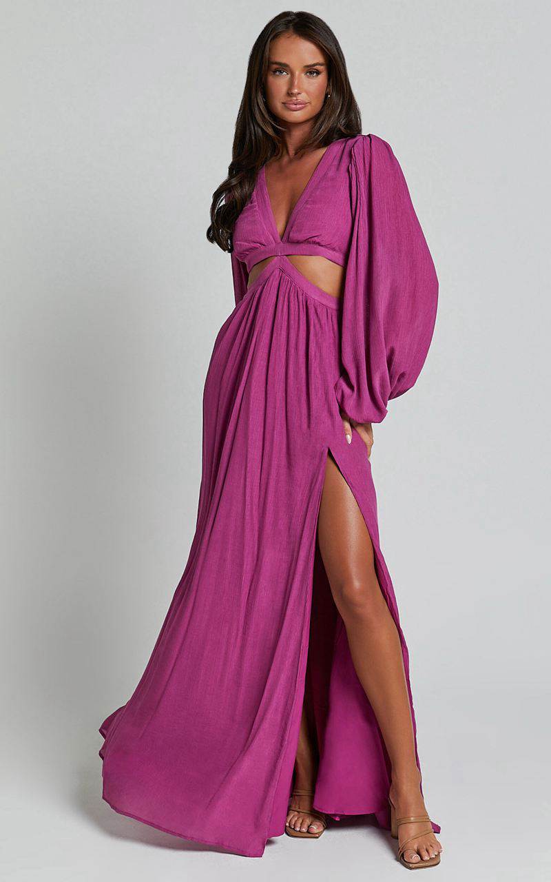 Showpo Paige Maxi Dress - Side Cut Out Balloon Sleeve Dress Orchid | FWEUZY051