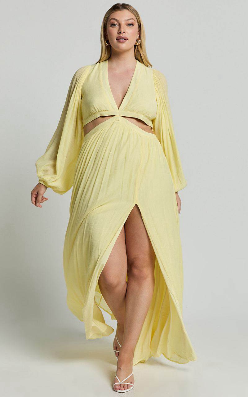 Showpo Paige Maxi Dress - Side Cut Out Balloon Sleeve Dress Lemon | PYWFGL950