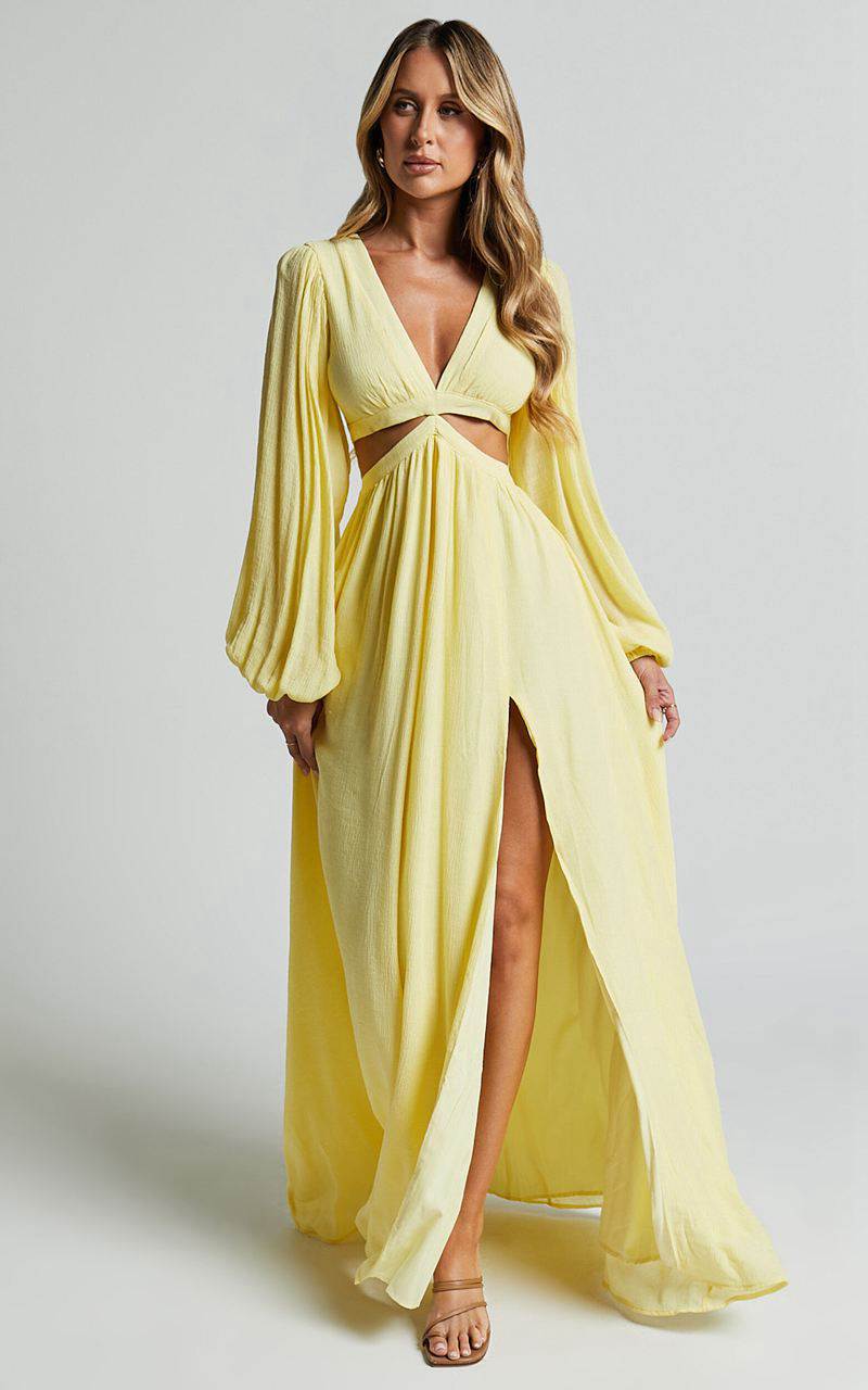 Showpo Paige Maxi Dress - Side Cut Out Balloon Sleeve Dress Lemon | PYWFGL950