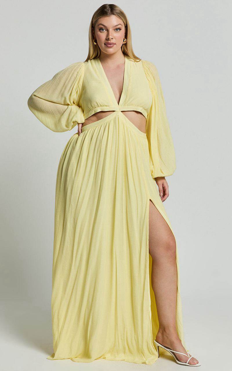 Showpo Paige Maxi Dress - Side Cut Out Balloon Sleeve Dress Lemon | PYWFGL950