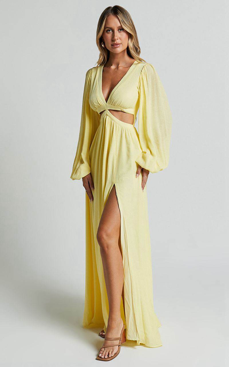 Showpo Paige Maxi Dress - Side Cut Out Balloon Sleeve Dress Lemon | PYWFGL950