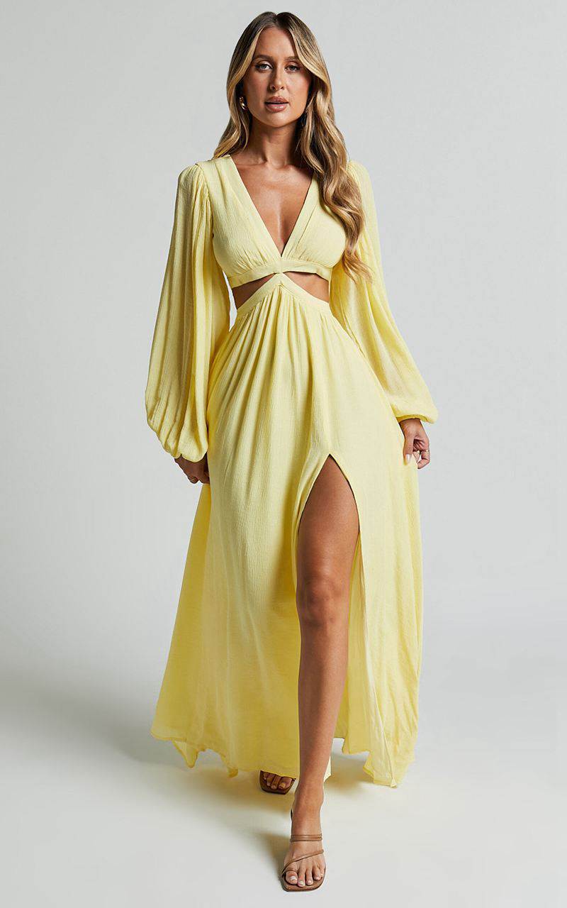 Showpo Paige Maxi Dress - Side Cut Out Balloon Sleeve Dress Lemon | PYWFGL950