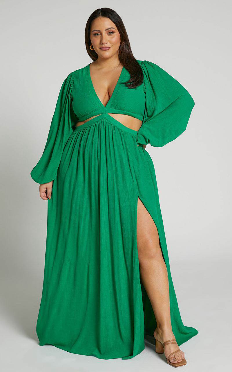 Showpo Paige Maxi Dress - Side Cut Out Balloon Sleeve Dress Green | CPFTRE216