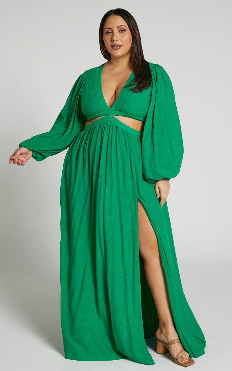 Showpo Paige Maxi Dress - Side Cut Out Balloon Sleeve Dress Green | CPFTRE216