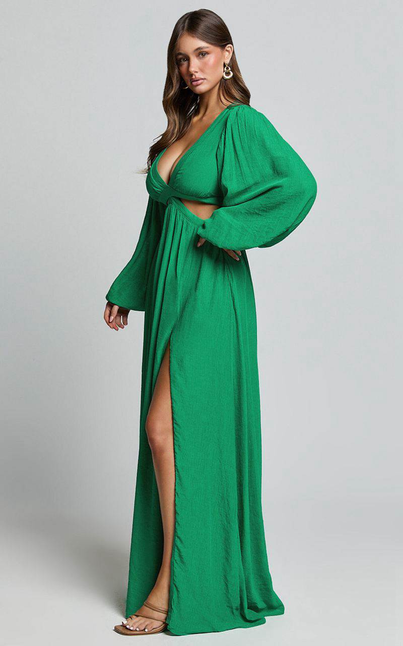 Showpo Paige Maxi Dress - Side Cut Out Balloon Sleeve Dress Green | CPFTRE216