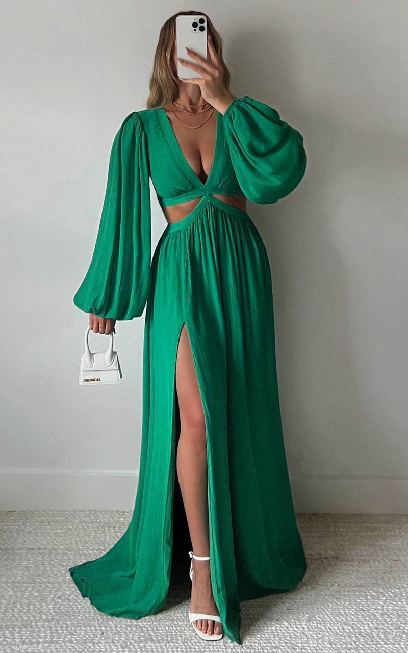 Showpo Paige Maxi Dress - Side Cut Out Balloon Sleeve Dress Green | CPFTRE216