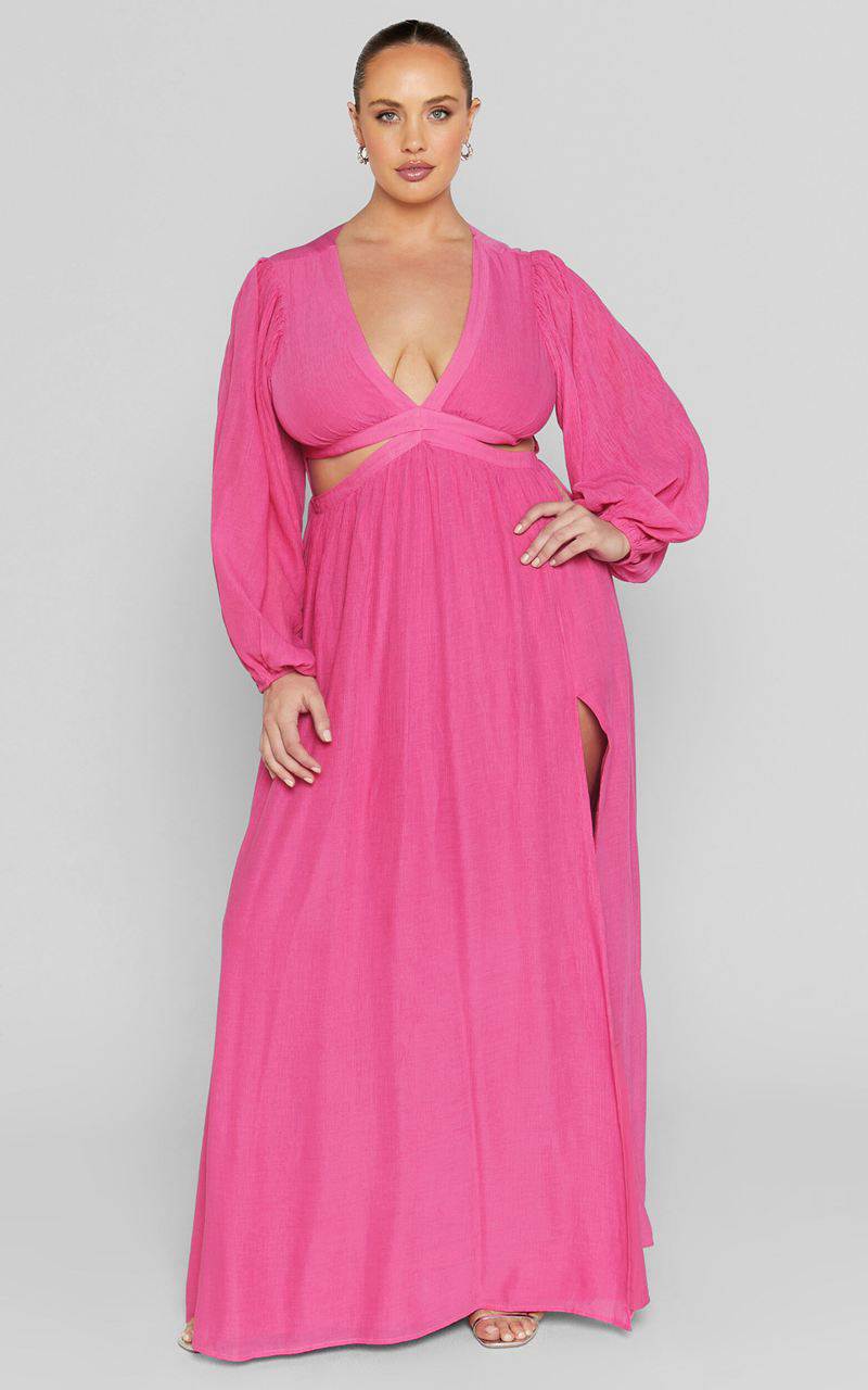 Showpo Paige Maxi Dress - Side Cut Out Balloon Sleeve Dress Pink | ABJWPY396