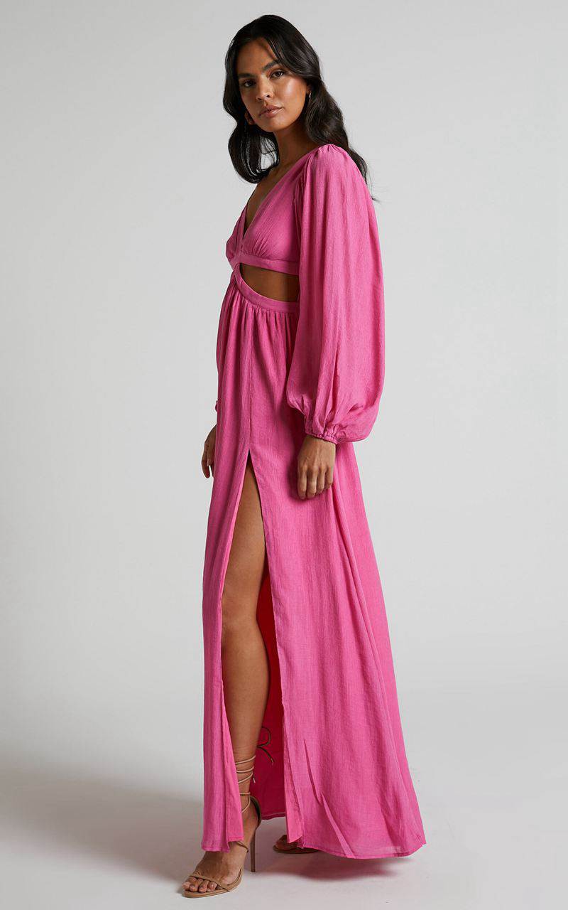 Showpo Paige Maxi Dress - Side Cut Out Balloon Sleeve Dress Pink | ABJWPY396