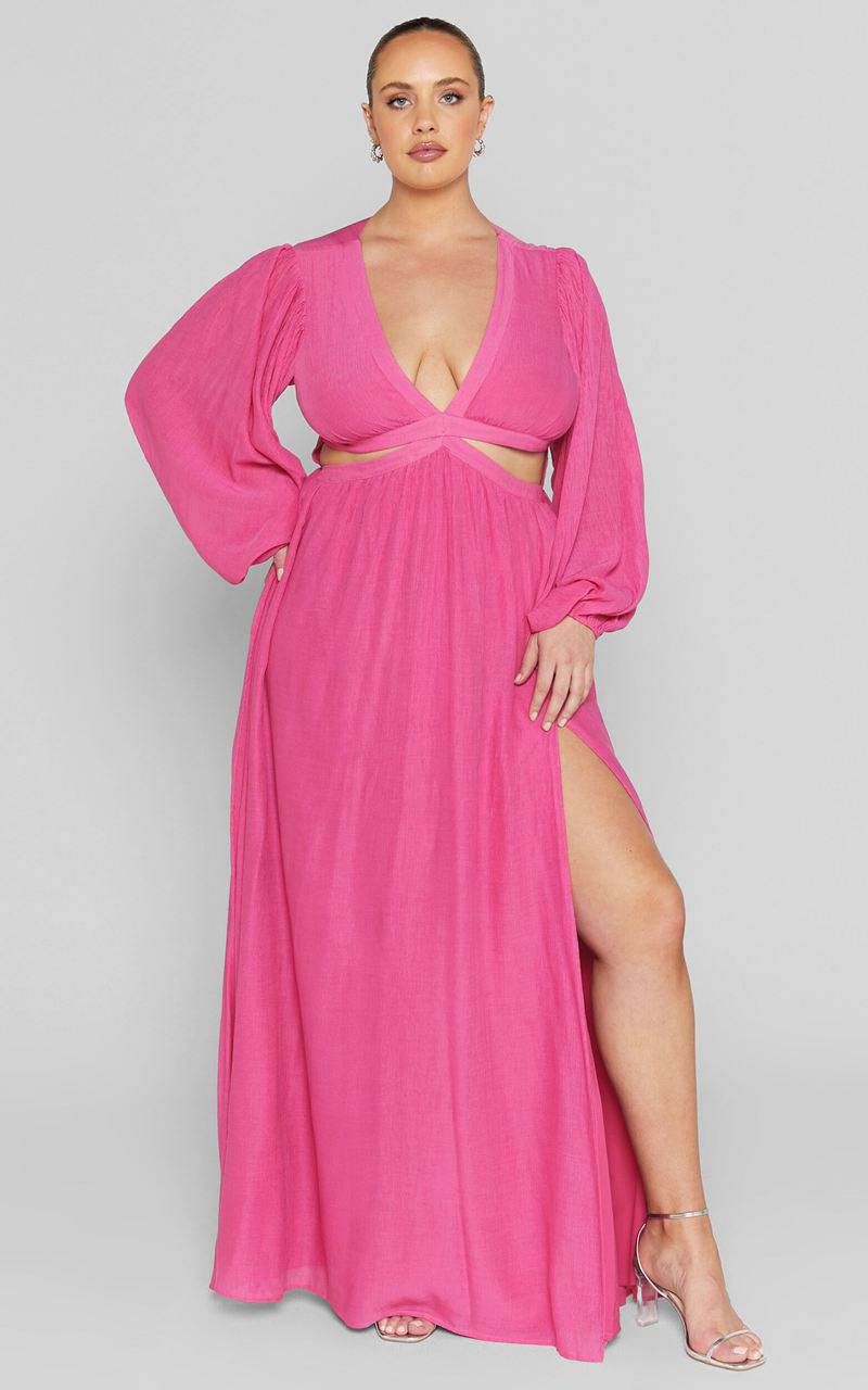 Showpo Paige Maxi Dress - Side Cut Out Balloon Sleeve Dress Pink | ABJWPY396