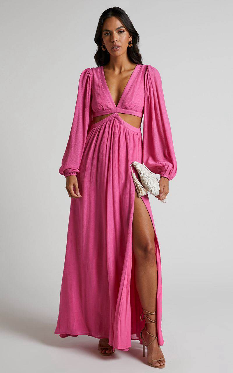 Showpo Paige Maxi Dress - Side Cut Out Balloon Sleeve Dress Pink | ABJWPY396